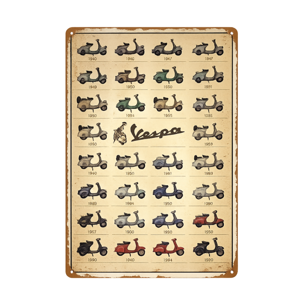 Quadro Vintage in Metallo “Evoluzione Vespa” 20×30 cm