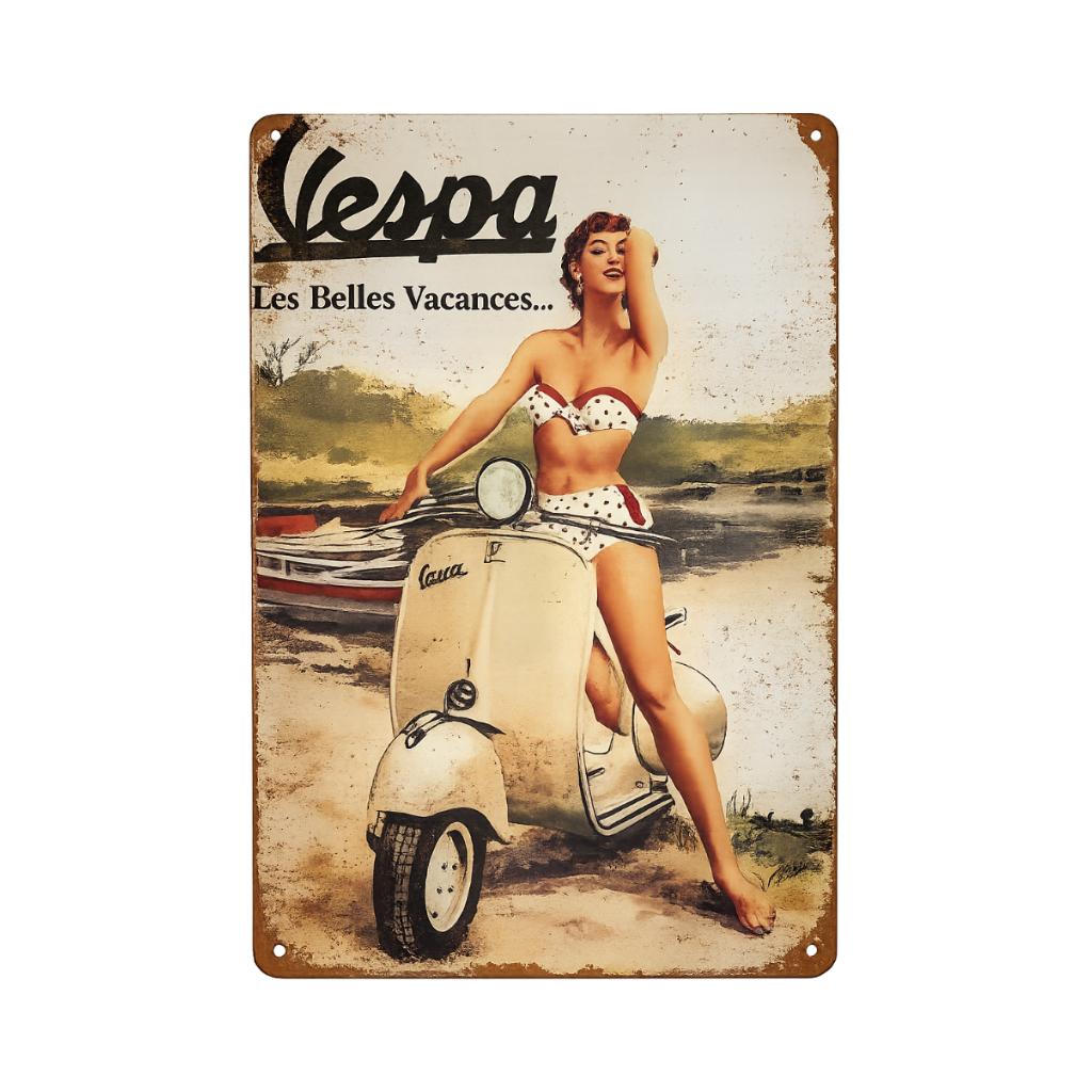 Quadro Vintage in Metallo “Vespa – Le Belle Vacanze” 20×30 cm